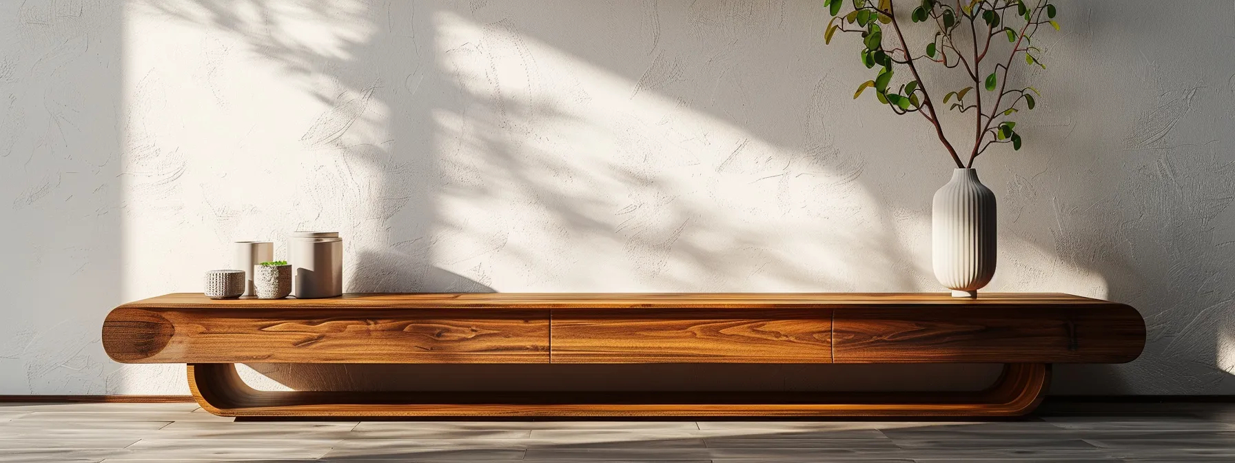 a sleek, minimalist wooden tv stand with clean lines and a retro design against a white wall.