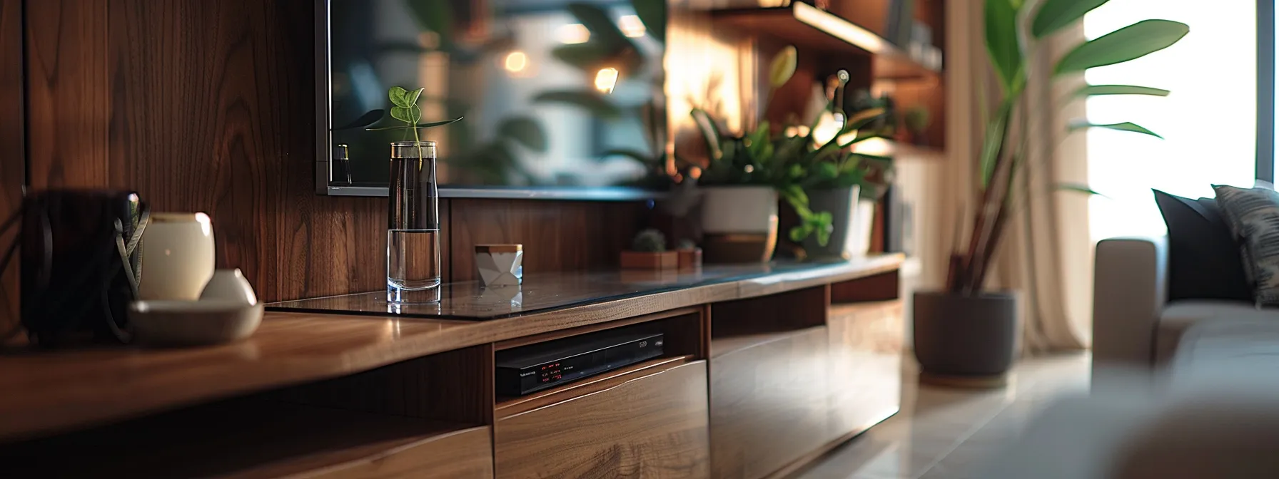 a sleek scandinavian-style wooden tv stand adorned with glass detailing, surrounded by walnut shelving and wood veneer accents for a minimalist, sophisticated home décor update.