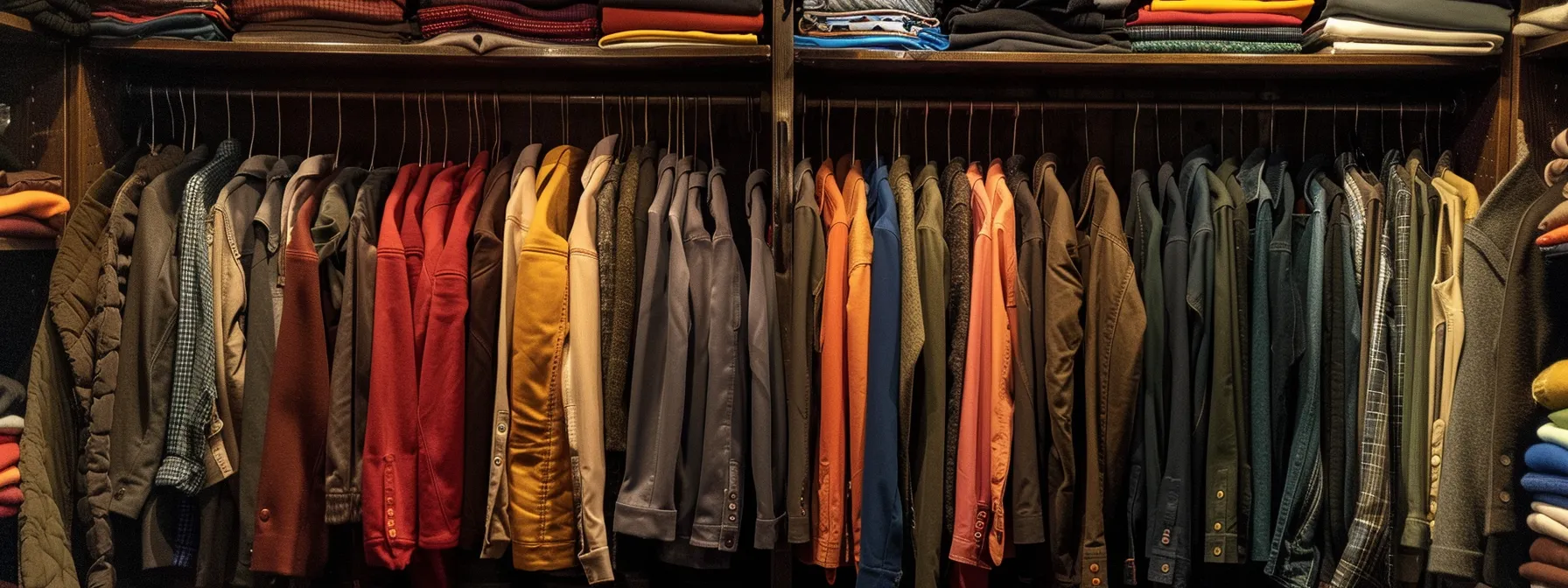 a neatly organized closet with rows of neatly folded autumn bootcut pants in various colors and fabrics, showcasing the importance of proper storage and care.