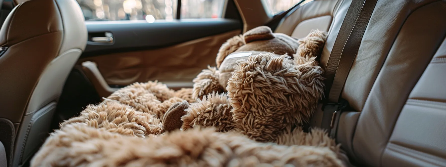 a cozy, plush pet car seat with safety straps, folded neatly in the backseat of a car.