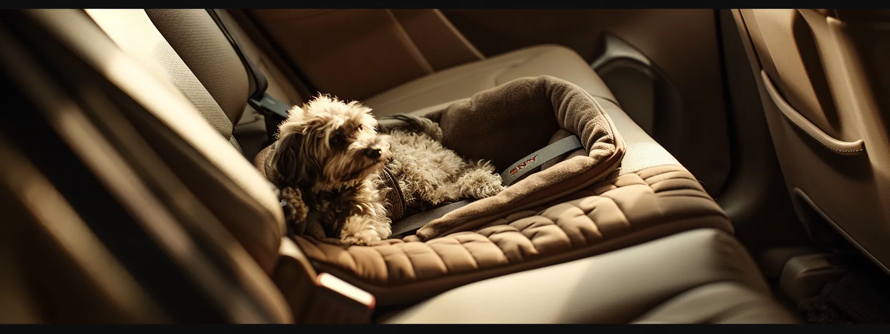 a cozy and secure pet car seat, perfectly fitted in a sleek suv interior, providing comfort and safety for a furry passenger.