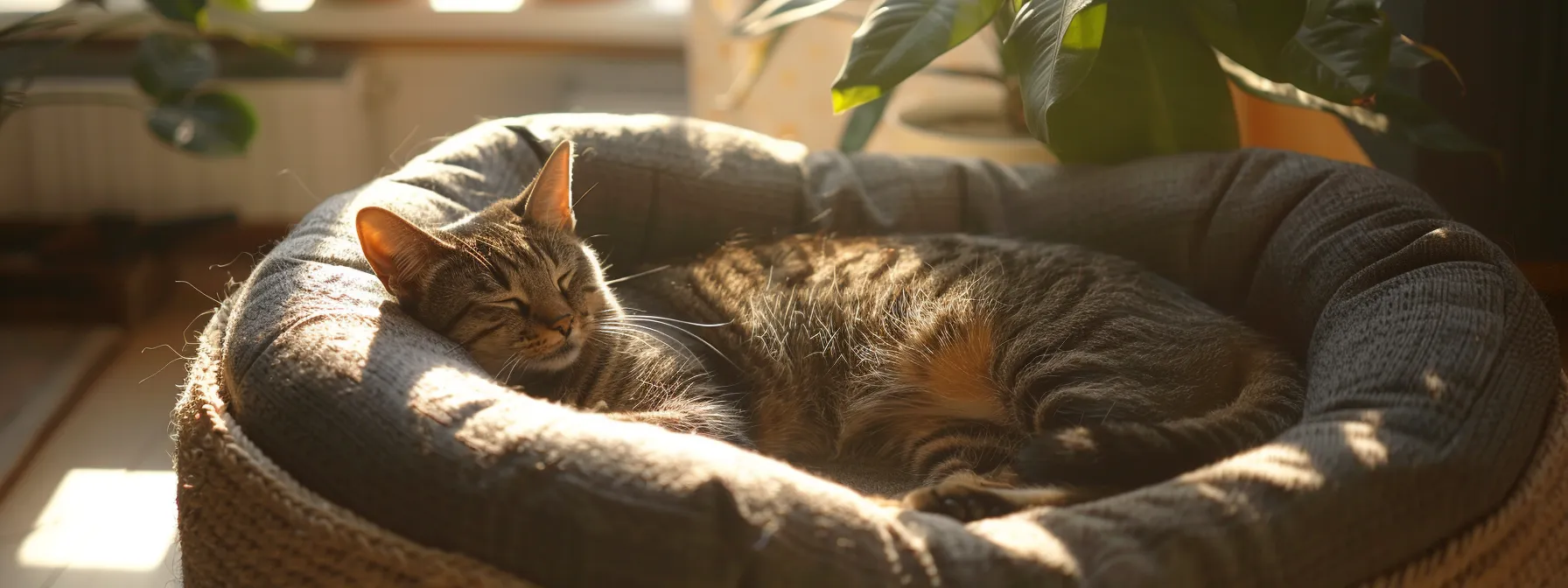 a cozy plush cat bed nestled in a sunlit corner, inviting comfort and tranquility for a content feline.