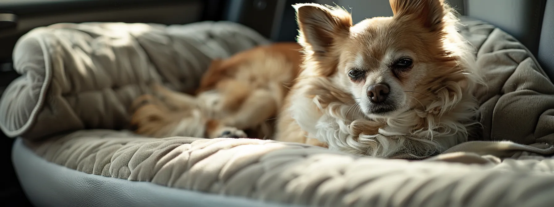 a fluffy dog lounging contently on a clean and well-maintained pet car seat in the back of a car.