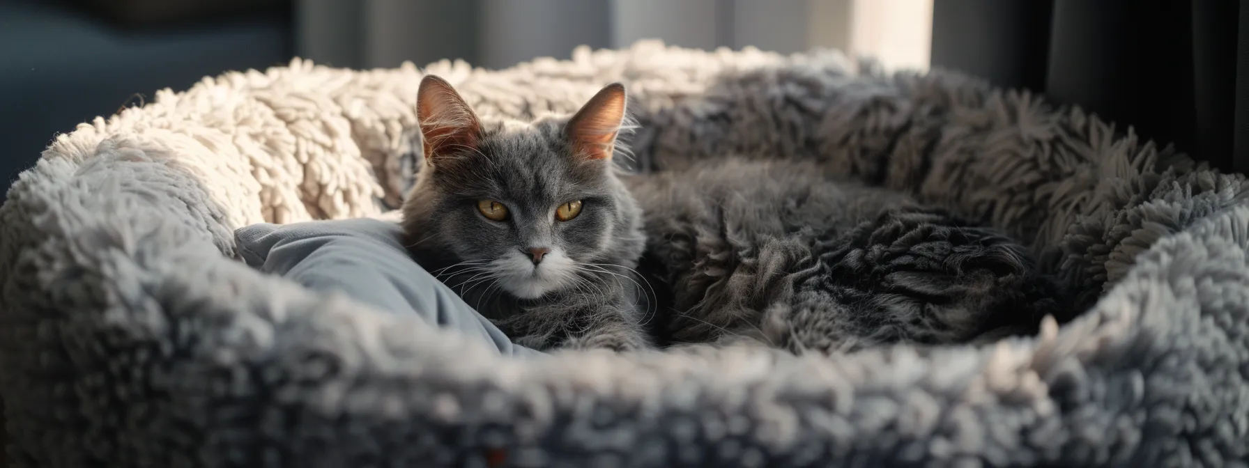 a fluffy gray plush cat bed nestled in a cozy corner, inviting feline relaxation and comfort.