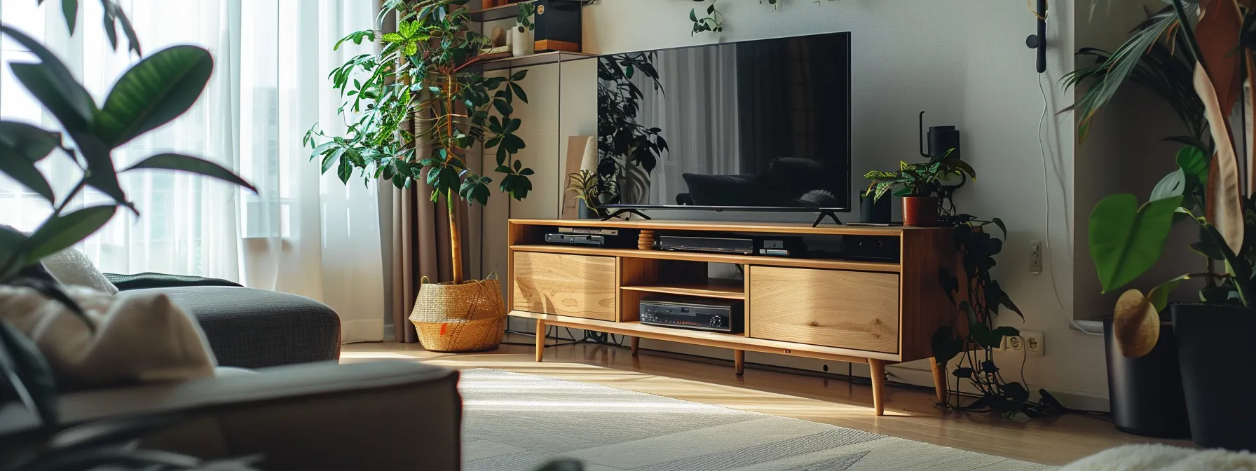 a sleek, minimalist wooden tv stand with a retro scandinavian design, elegantly displayed in a modern living room setting.