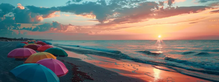 a vibrant sunset over a tranquil beach with colorful umbrellas dotting the shore.