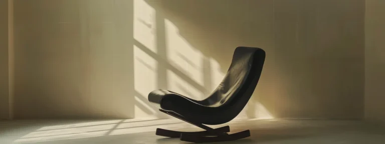 a sleek, black leather rocking chair sits against a clean, white modern backdrop, exuding minimalist luxury.