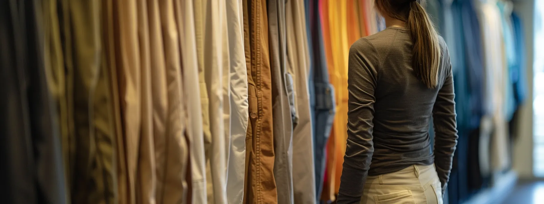 a woman browsing through a row of sleek, sophisticated bootcut pants in a trendy boutique, carefully considering her stylish autumn office attire options.