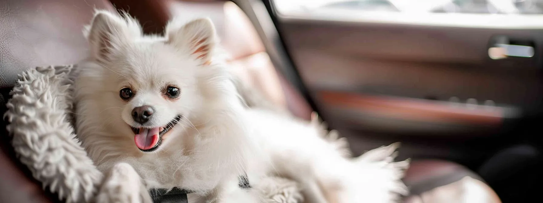 a fluffy white dog secured in a cozy, crash-tested pet car seat with a safety harness, looking content and safe during a car journey.