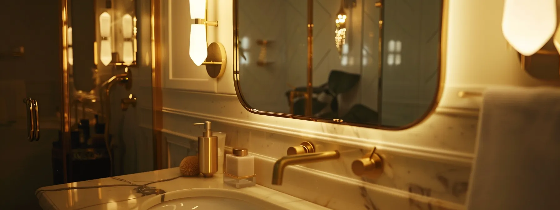 a sleek dimmable led mirror being carefully installed on a stylish gold-accented bathroom wall.