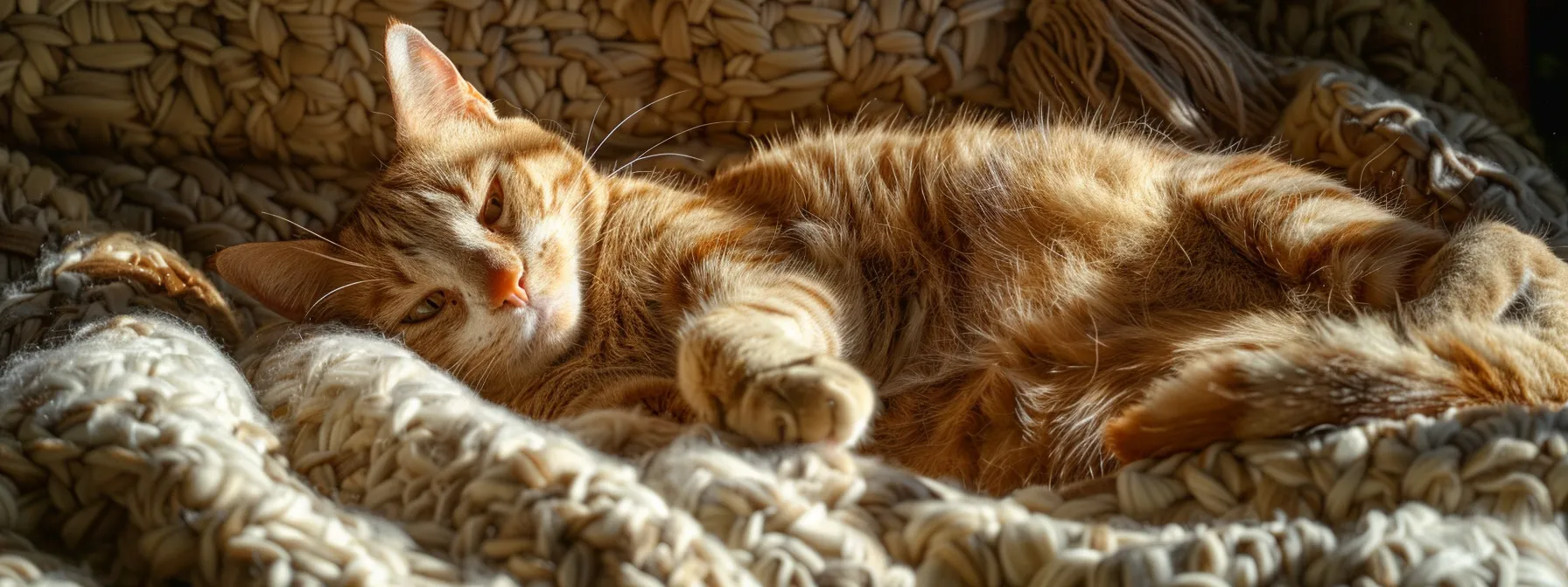 a contented cat lounging on a plush, luxurious bed surrounded by familiar scents, peacefully transitioning to its new sleeping quarters.