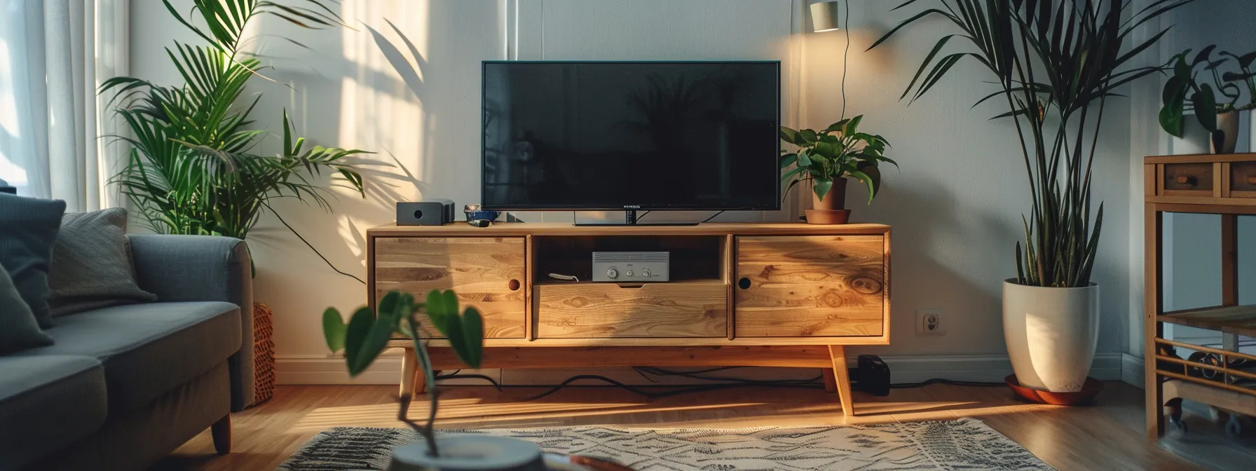 a sleek scandinavian-style wooden tv stand stands elegantly in a modern living room, surrounded by matching retro furniture pieces, creating a chic blend of old and new.