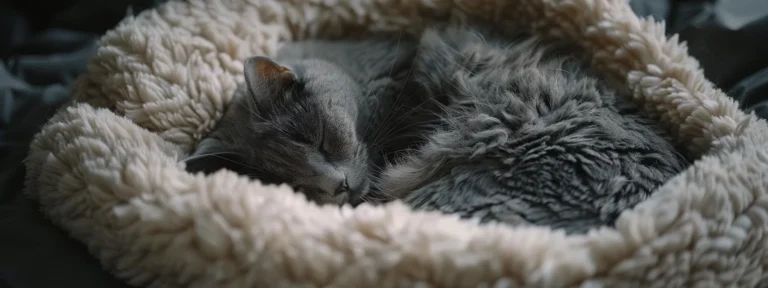 a fluffy gray cat curled up peacefully in a soft, plush bed.