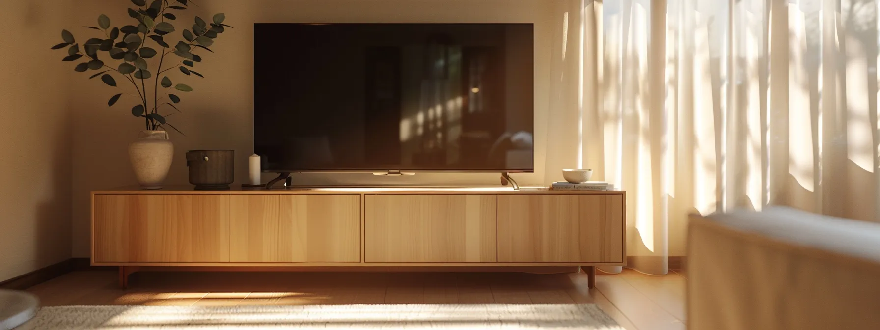 a sleek, minimalist wooden tv stand in scandinavian style, blending seamlessly into a modern living space.