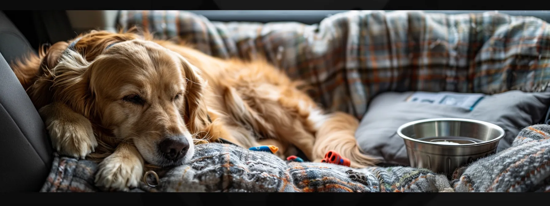 a fluffy golden retriever relaxing in a cozy car seat with a water bowl and a toy nearby during a road trip.