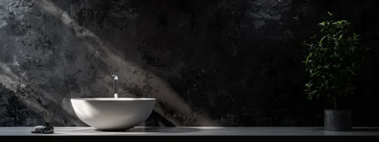 a sleek, white ceramic bathroom sink with minimalist nordic design standing elegantly against a dark, textured wall.