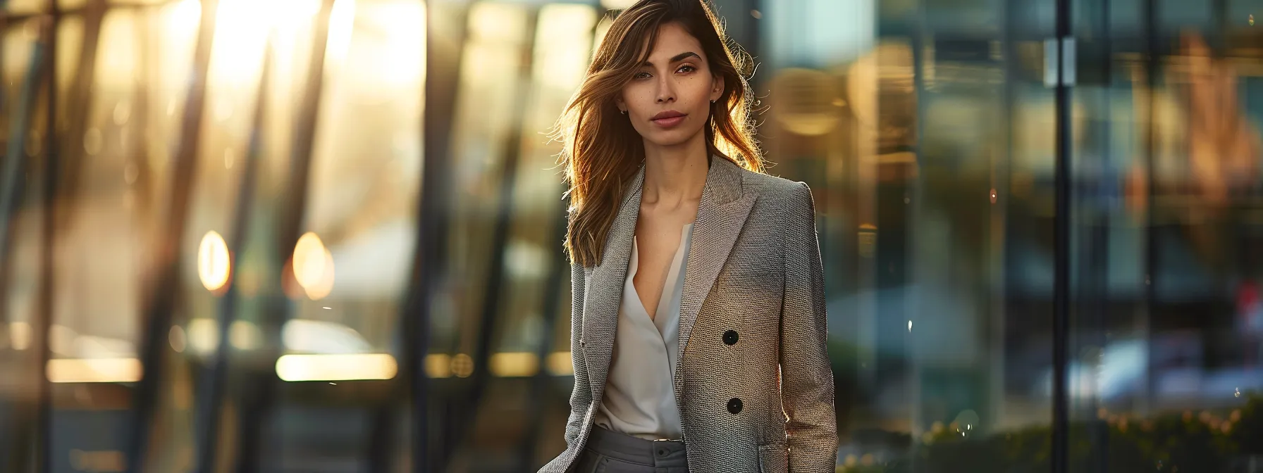 a woman in bootcut pants effortlessly transitions from office to evening wear, swapping a blazer for a chic evening jacket in a sleek, modern setting.