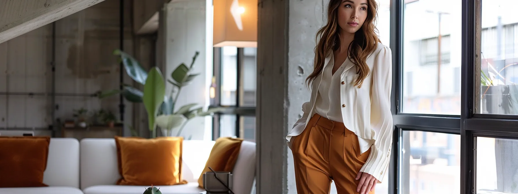 a sophisticated woman in a stylish office setting confidently wearing tailored bootcut pants in rich autumn colors.