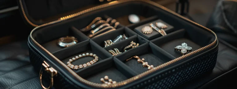 a sleek black travel jewelry organizer case with compartments neatly holding sparkling necklaces, earrings, rings, and bracelets.